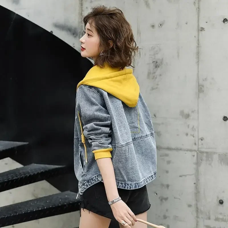 Denim Jacket for Women Grey Hooded Patchwork Outerwear Spring Autumn Woman Jean Coat Cowgirl Clothing 2024 Trend New Arrivals In