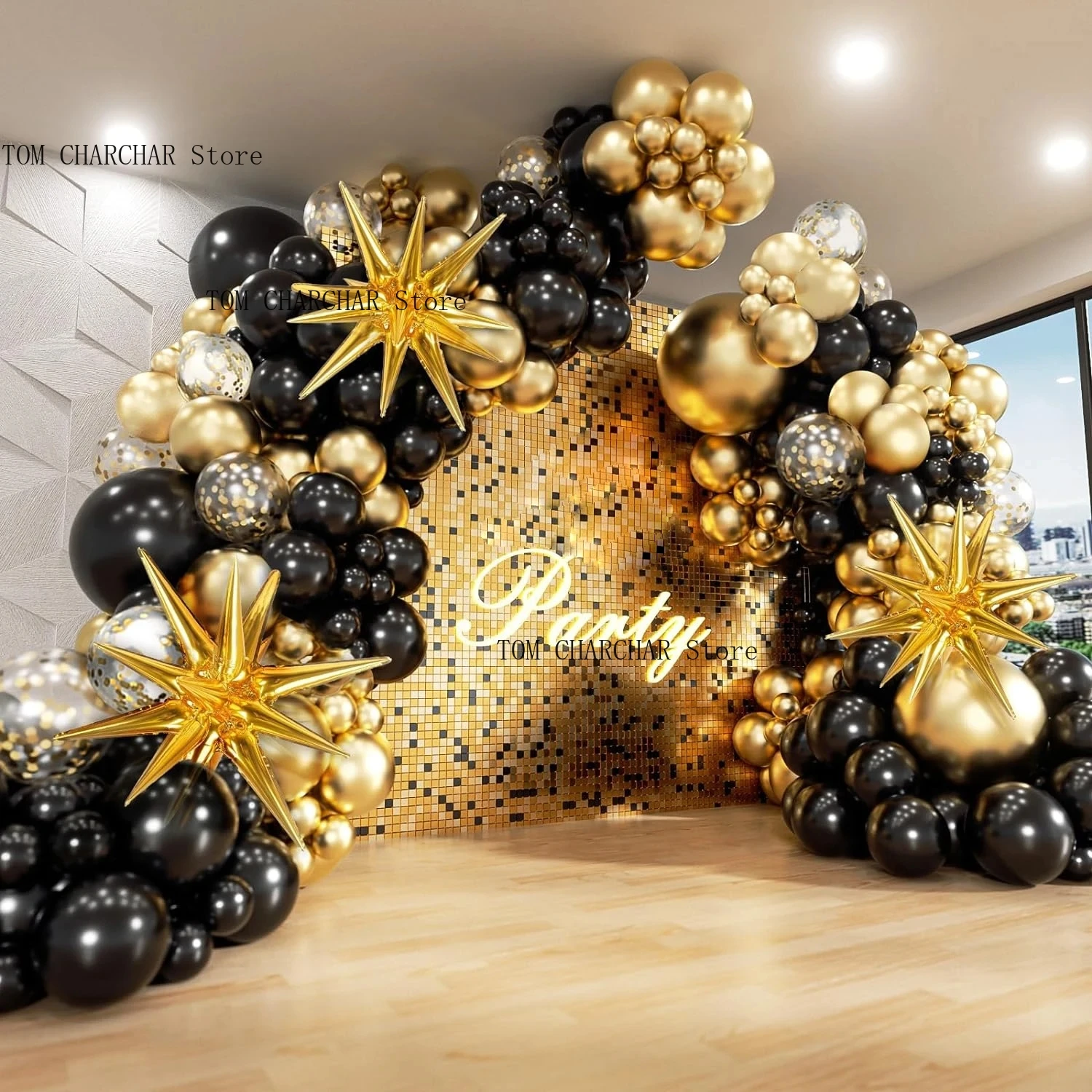 Kit d'arche de guirlande de ballons noirs et dorés avec ballons en feuille de starburst pour les décorations de mariage, d'anniversaire, de fête de famille