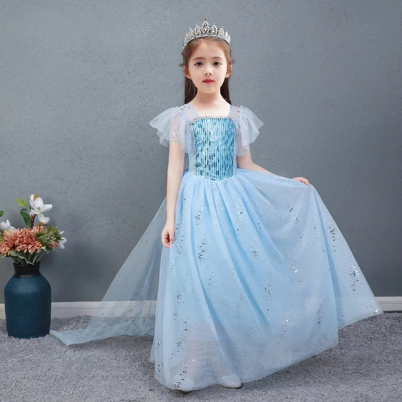 

Summer Elsa Frozen 2 Girls' Princess Dress Christmas Party Cosplay Elsa Queen Sequin Short Sleeve Dresses Girl's Birthday Gift