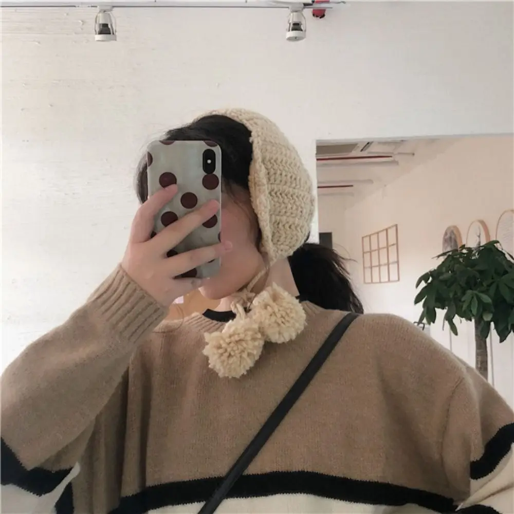 Handmade Korean Style Y2k Plush Earmuffs Solid Color Soft Warm JK Knitted Earflap Skiing Outdoor Winter Ear Cover Women