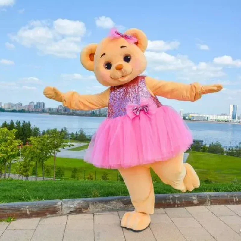 ピンクのドレスかわいいクマのマスコットコスチューム広告パレードパーティーハロウィンクリスマス仮装漫画人形ファンシー衣装