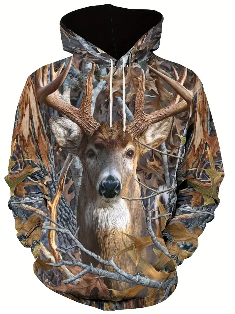 Men\'s Casual Pullover Hoodie 3D Deer Antlers Print Outdoor Nature-Inspired Hooded Sweatshirt Streetwear Fashion Clothing Top