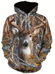 Men's Casual Pullover Hoodie 3D Deer Antlers Print Outdoor Nature-Inspired Hooded Sweatshirt Streetwear Fashion Clothing Top