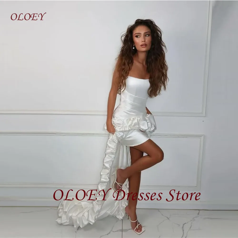 OLOEY Sexy Strapless Short Front Long Back Ruffles Wedding Dresses Formal Party Satin High Low Bride Gowns Beach Country Custome