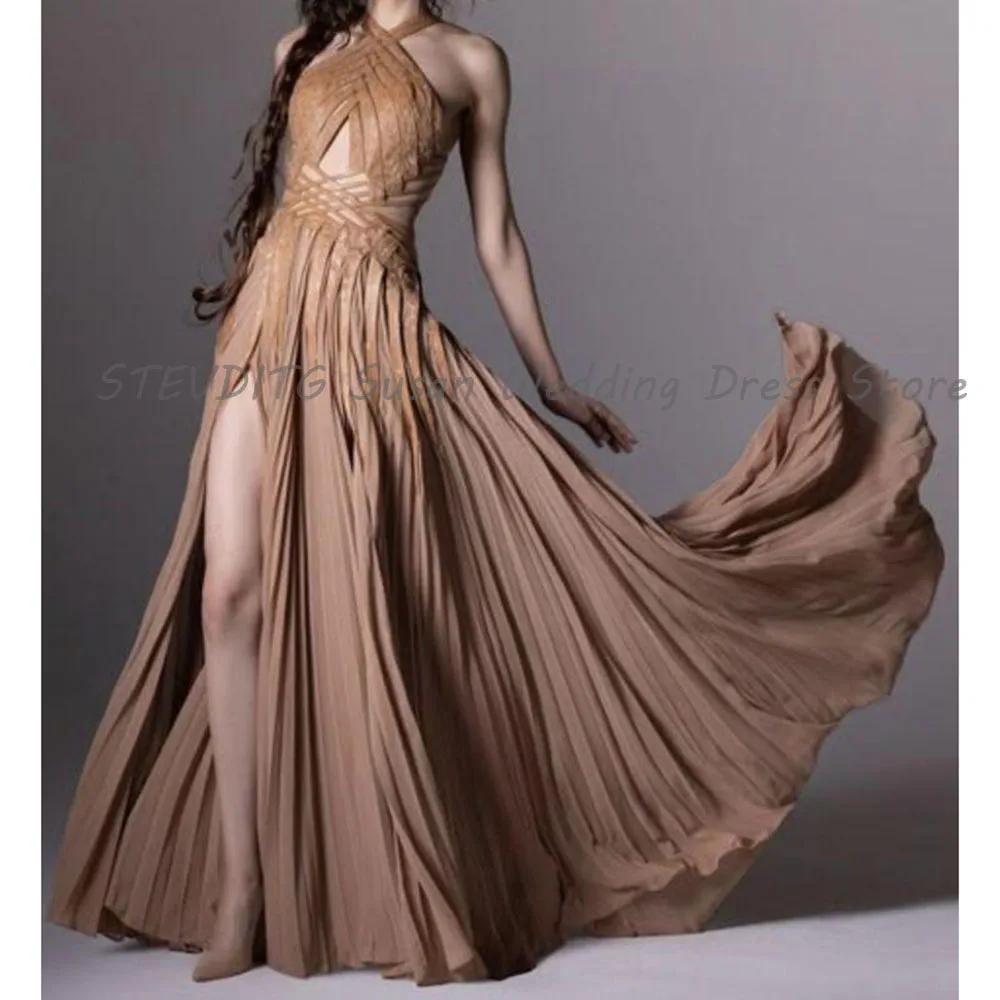 Classic Evening Dress Elegant Sleeveless High Quality Hollow Out Vent Wrinkle Sweep Train Floor Length Prom Party Female Gowns