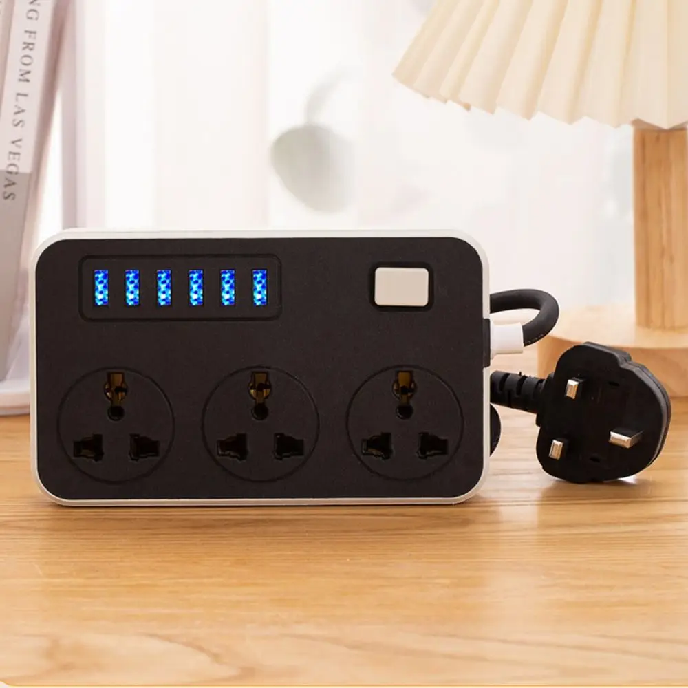 UK EU US Outlet Power Strip 2m Extension Cord 3-Outlets Surge-Protected Power Strip Power Button Safe Independent Switch