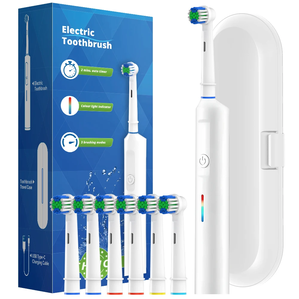 Smart Rotating Electric Toothbrush, Round Head Rechargeable Electric Toothbrush with 6 Heads, Compatible with Oral B Brush Heads