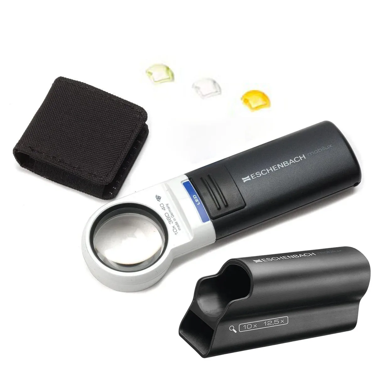 Eschenbach Mobilux LED Hand Magnifier with Mobase Stand 10x/12.5x Round Aspheric Lens Low Vision Jeweler Reading Magnifier