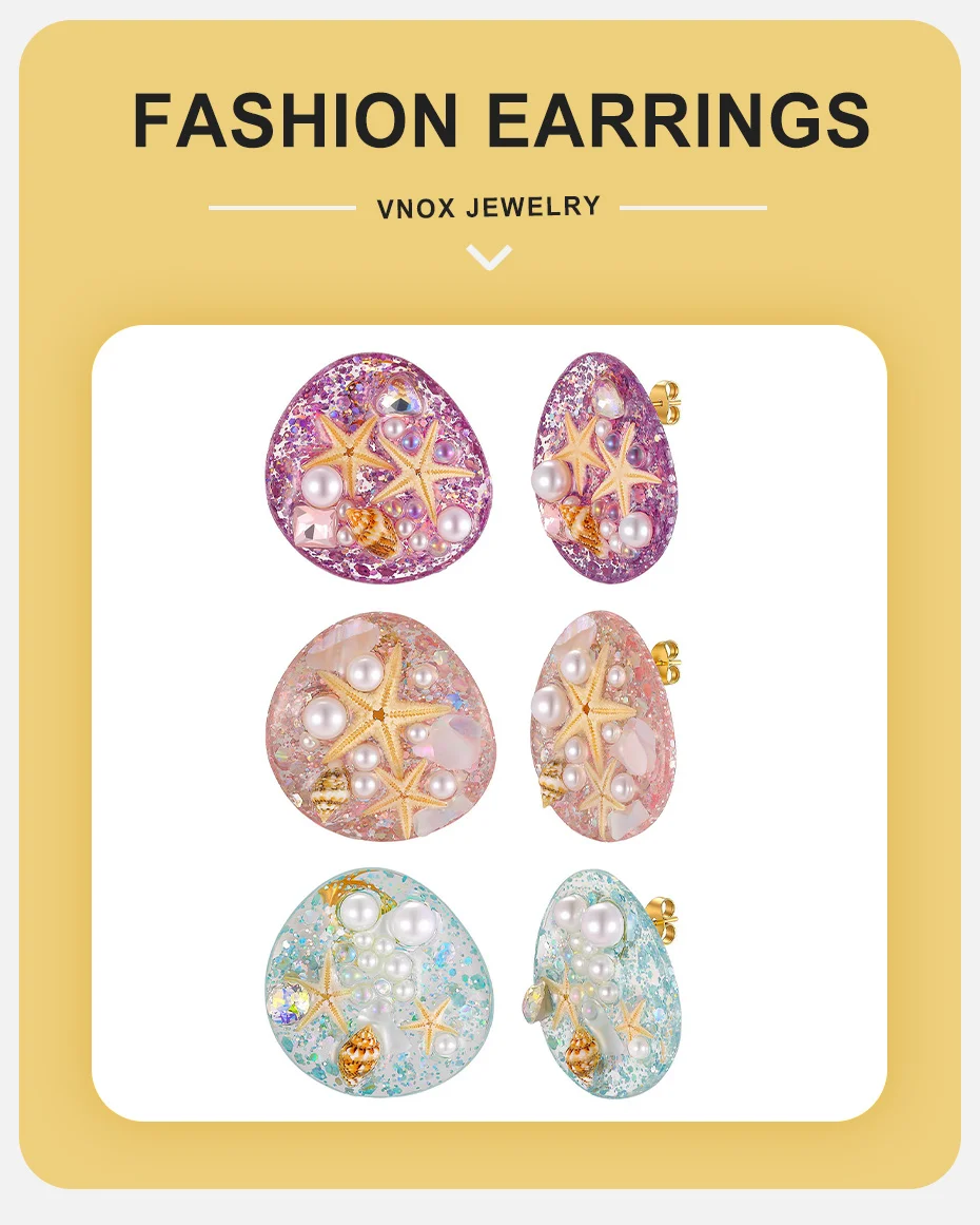 Vnox Ozean-Muschel-Seestern-Imitationsperlen-Ohrstecker mit Pailletten für Damen, Boho-Muschel-Charms-Ohrringe, Strand-Ästhetik-Schmuck – Detail 1
