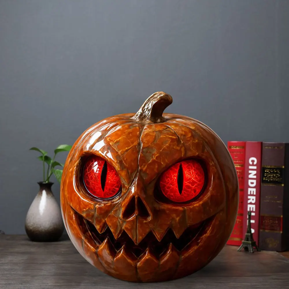 تصميم فريد من نوعه على شكل يقطين مصنوع يدويًا تمثال يقطين أحمر العينين مظهر رخامي من الراتنج مع عيون كهرمانية ديكور سطح الطاولة للهالوين