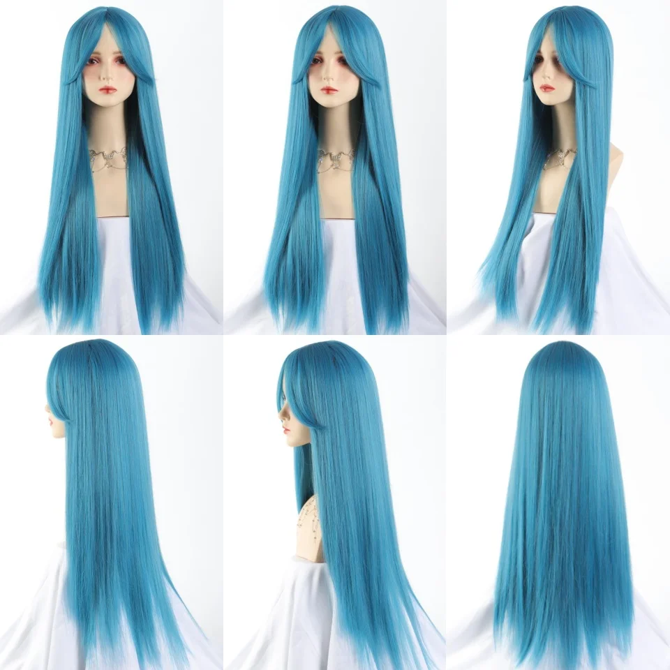 Wig Sintetis Lurus Halus Panjang dengan Poni Wig Rambut Lolita Pesta Cosplay Biru Hijau untuk Wanita Wig Tahan Panas Alami LM