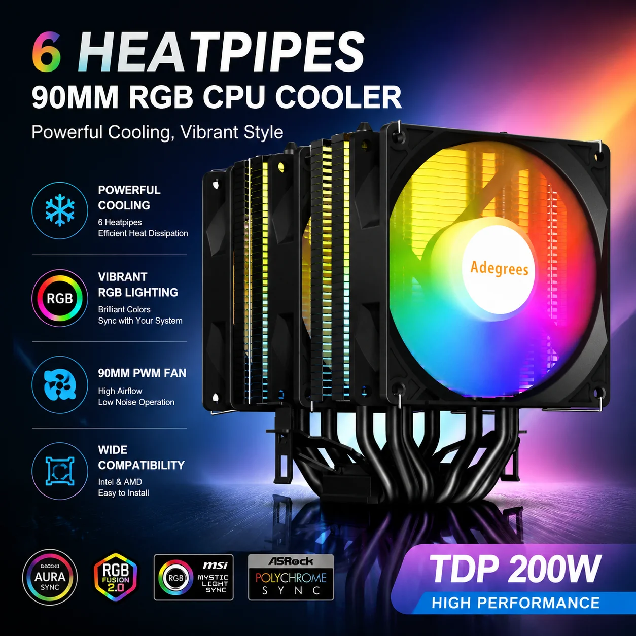 RGB CPU Cooler AM4 6 Heat Pipe Silent CPU Air‑Cooling Fan For LGA1700 1200 115X 2011 1366 X79 775 X99 AMD  AM5 Ventilador