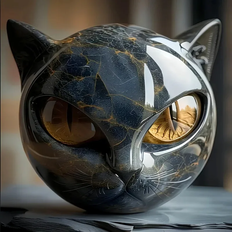 Black Cat Figurine Resin Cat Head Healing Stone Marble Texture Cat Stone Resin Cat Sculpture Ornament for Home Office Desk Decor