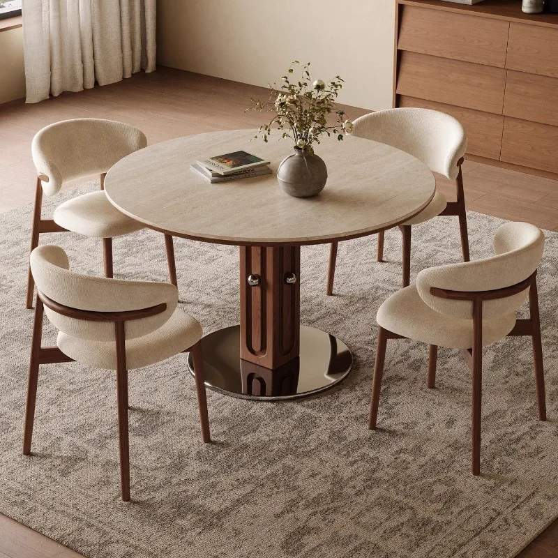 Medieval travertine rock slab round table retro round dining table household small apartment Nordic Bauhaus solid w