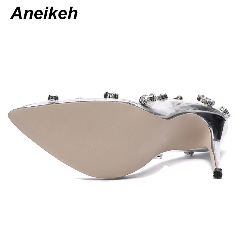 Aneikeh Sexy Rivet Crystal Women Pumps PVC Transparent High Heels Sexy Nightclub Prom Female Sandals Party Wedding Shoes 35~42