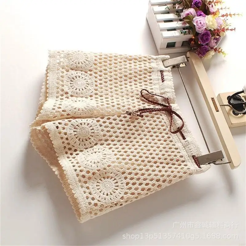 39bc algodão macio feminino cordão cintura renda shorts oco crochê malha maiô cobrir parte inferior para férias na praia