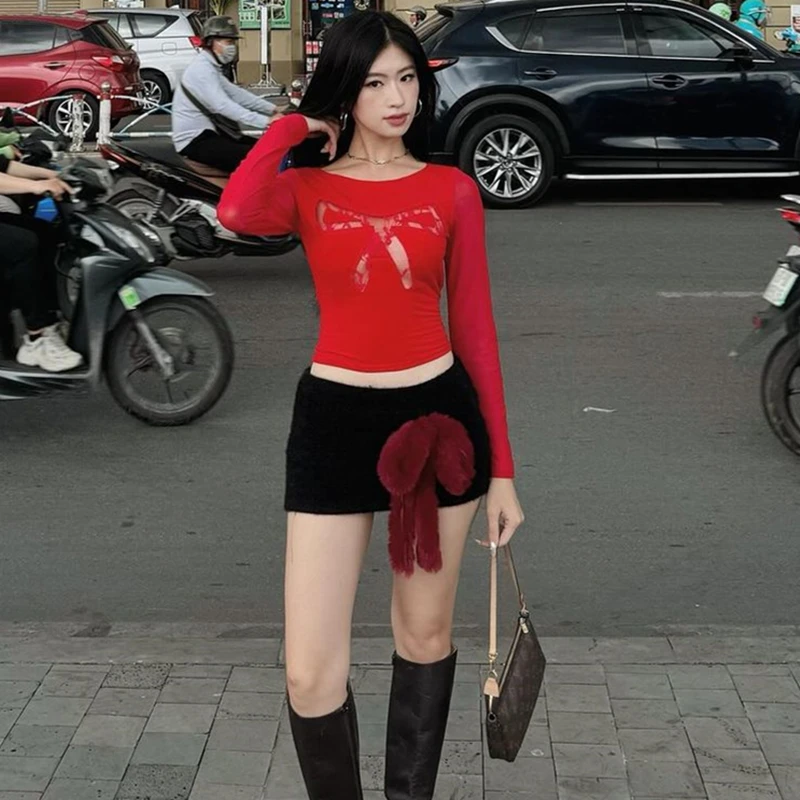 WhereMery Y2K Mesh hollow Bow Slim Crop Top Summer High Street Red Long Sleeve T-Skirt Women Sexy Night Club Party Tee