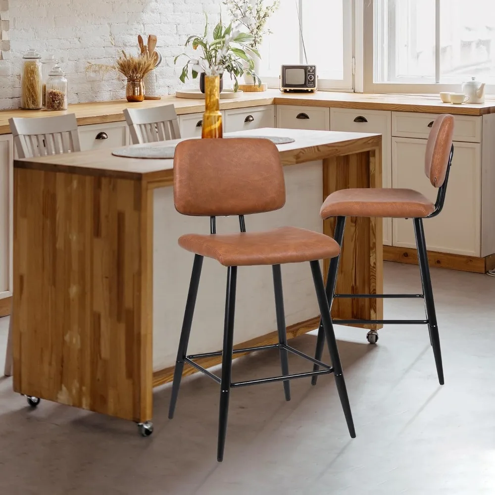 

Counter Height Bar Stools Set of 2, 26 Inch Modern Faux Leather Kitchen Island Chairs with Back and Metal Leg, Upholstered BarSt