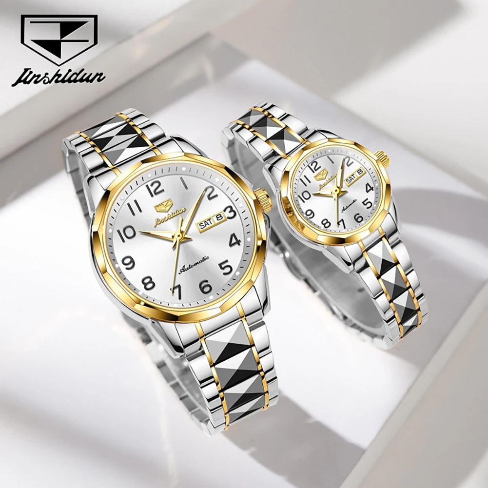 JSDUN 8990 Couple Watches Tungsten Steel Mechanical Watch Waterproof Week Date Watches For Couple's Gifts Box Luxury Original