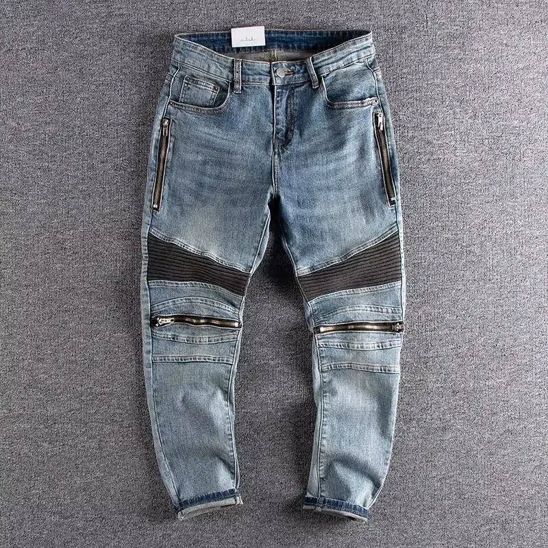 

New Arrival Men's Luxury Cotton Trousers Vintage Stacked Pants Man Denim Pants Light Blue Vintage Blue Zippers Designer Jeans