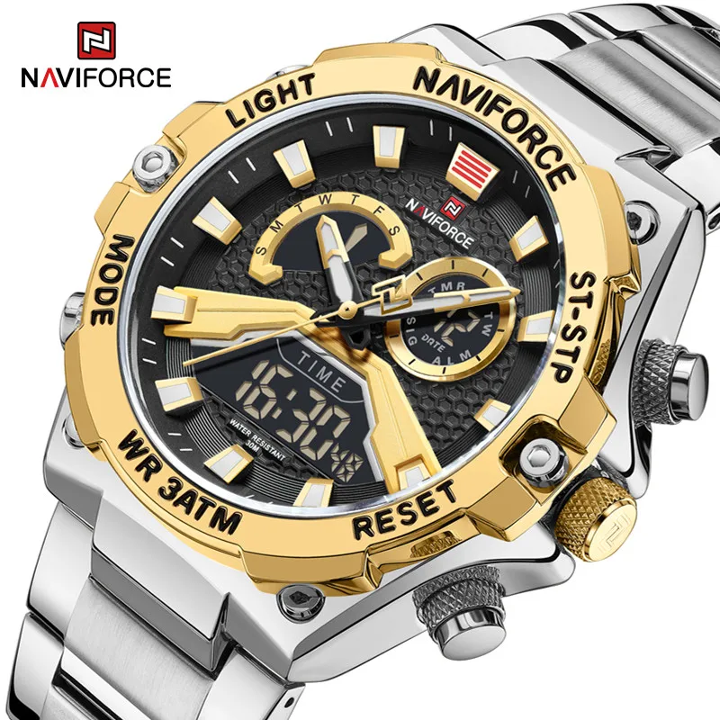 NAVIFORCE-relojes militares para hombre, reloj de pulsera de cuarzo luminoso, resistente al agua, despertador Digital, Masculino