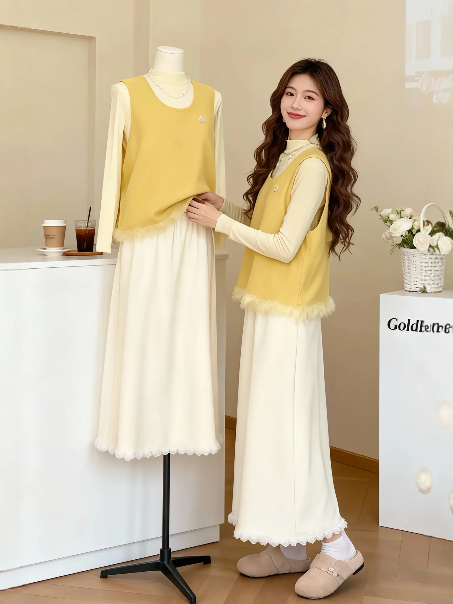 

plus Size Winter Faion Set for Women Warm Soft High Collar Knitted Sweater Vest And Skirt Tee Piece Ensemble Casual ...