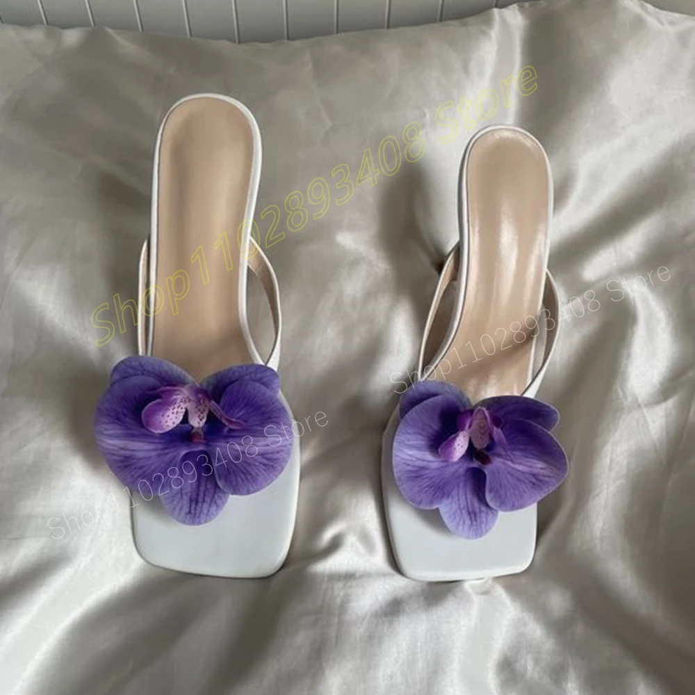 Purple Flower Square Toe Slippers Cross Tied Hollow Stiletto High Heel Fashion Sexy Women Shoes 2024 Summer Zapatos Para Mujere