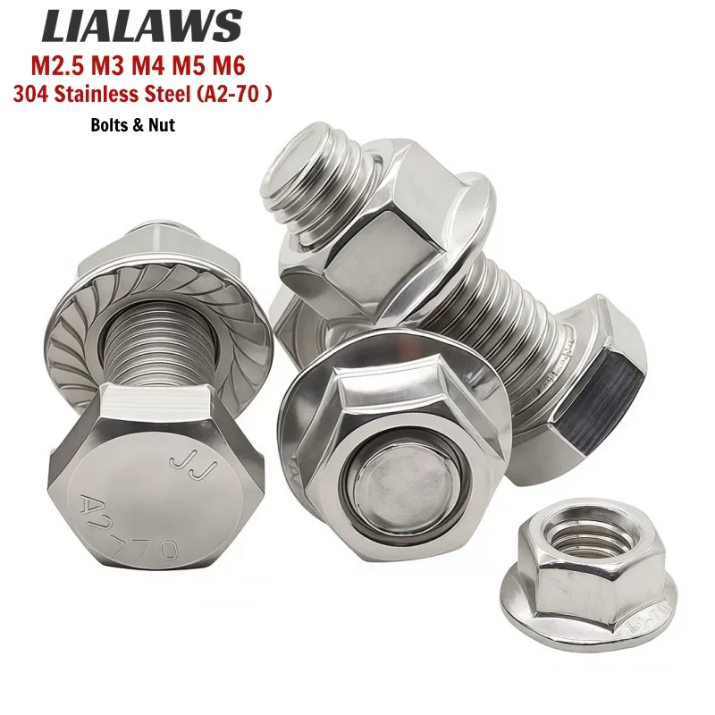 304 Stainless Steel A2-70 DIN933 Hexagon Head Bolts & Serrated Flange Nut Set Full Thread Metric Fasteners M2.5 M3 M4 M5 M6