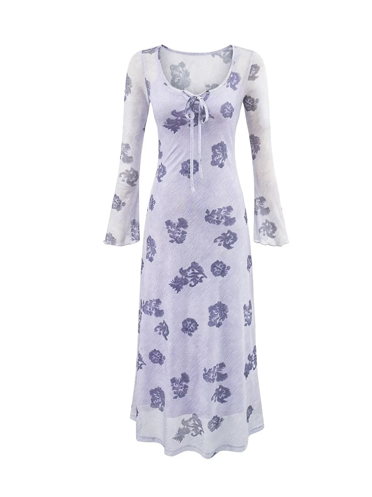 여성용 플로럴 프린트 메쉬 플레어 슬리브 미디 드레스와 캐미솔 드레스 세트