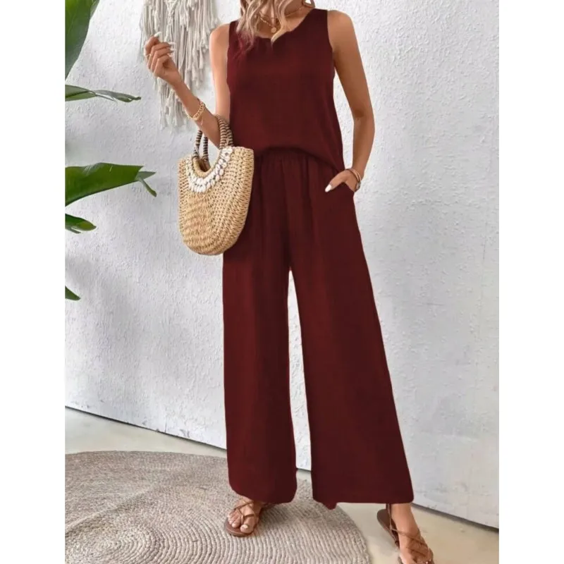 2025 new summer sleeveless solid color back hollow lace suit women's round neck pullover loose top comfortable casual pants set