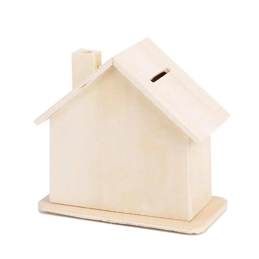 

Cartoon Unfinished Small House Piggy Bank DIY Wooden DIY Painted Storage Jar Handmade White Embryo House Mold Children's Toy