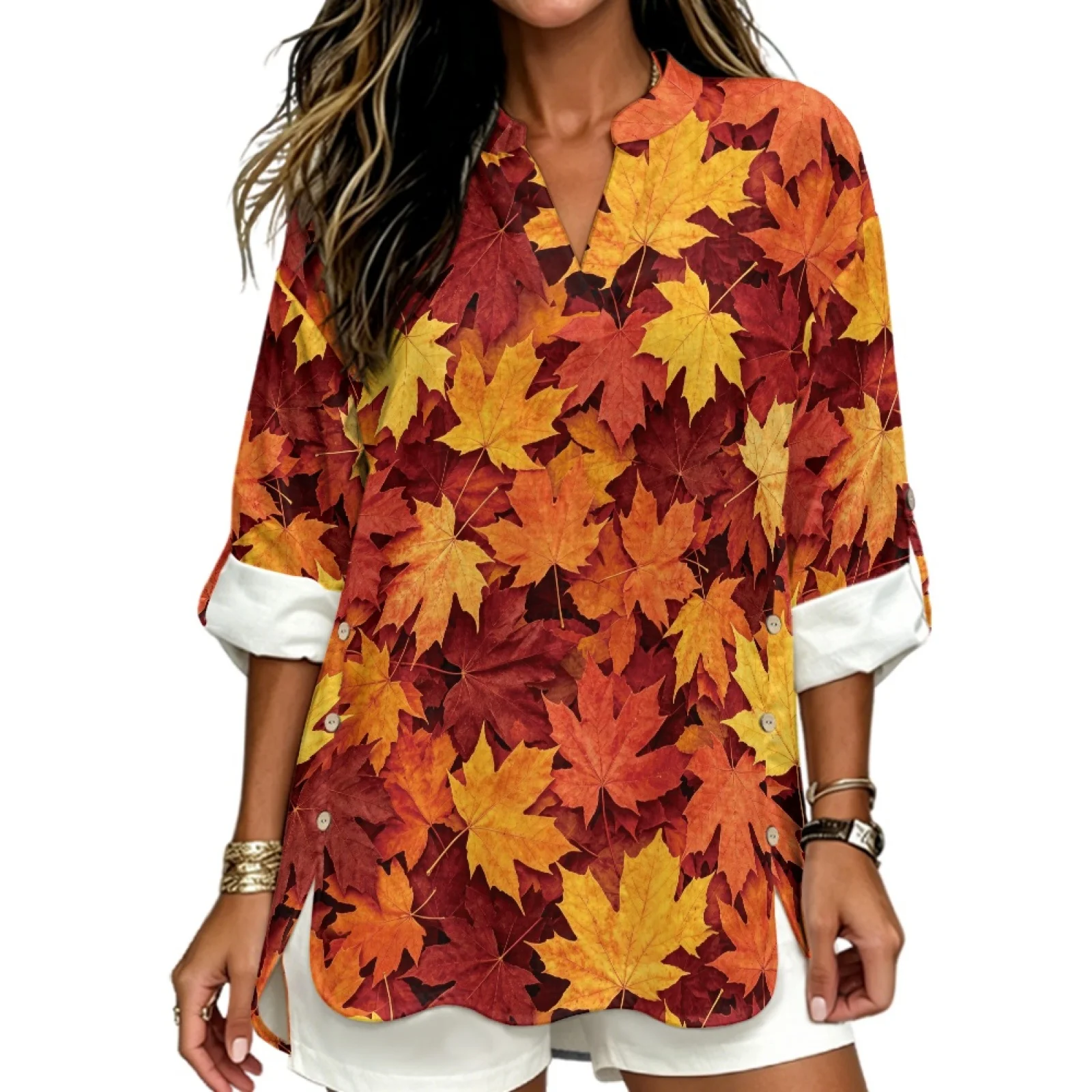 PENSTROLL Maple Leaf Print Linen Style V Neck Tunic Blouses Breathable Tunic Shirts for Beach Sizes S-5XL