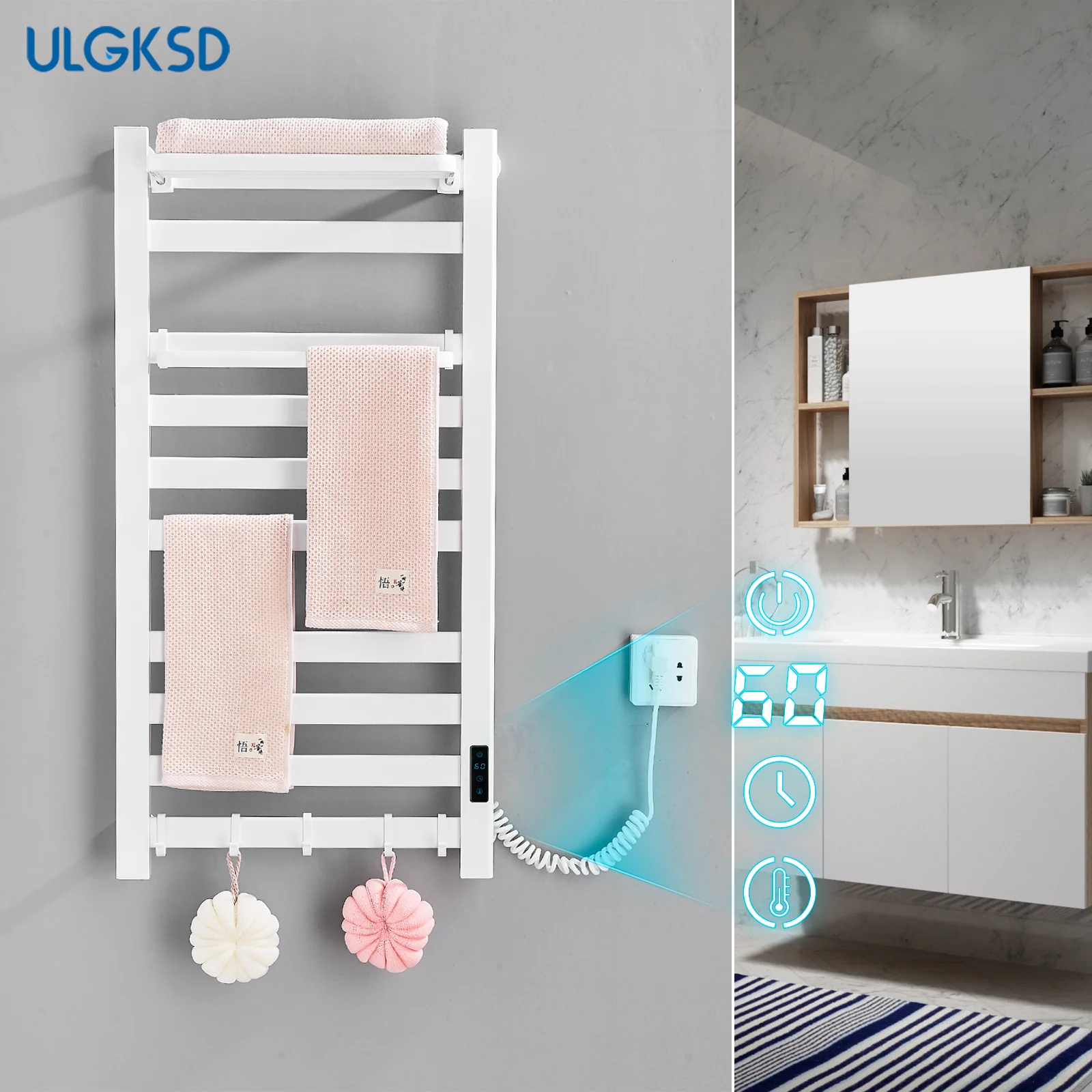 Thermostatic Electric Towel Rack LCD Cloth Dryer Towel Bar IPX4 Waterproof Bathrobe Rack Space Aluminum Bathroom Hardware Set