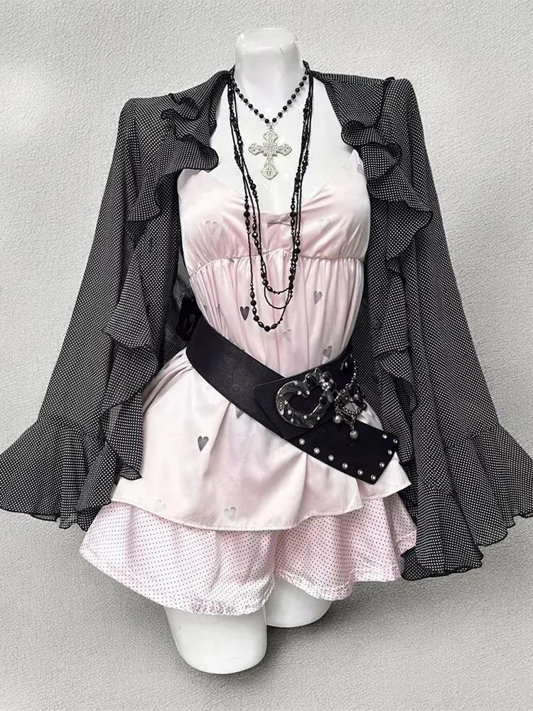 Setelan Pakaian Wanita Korea Gaya Vintage Musim Panas, Cardigan Panjang Terbuka dengan Tali, Rok, dan Kaos