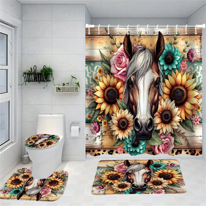 

Cow Sunflower Pattern Shower Curtain Bath Sets Non-Slip Bathroom Rug Toilet U With 12 Hooks bathroom decor and accessories
