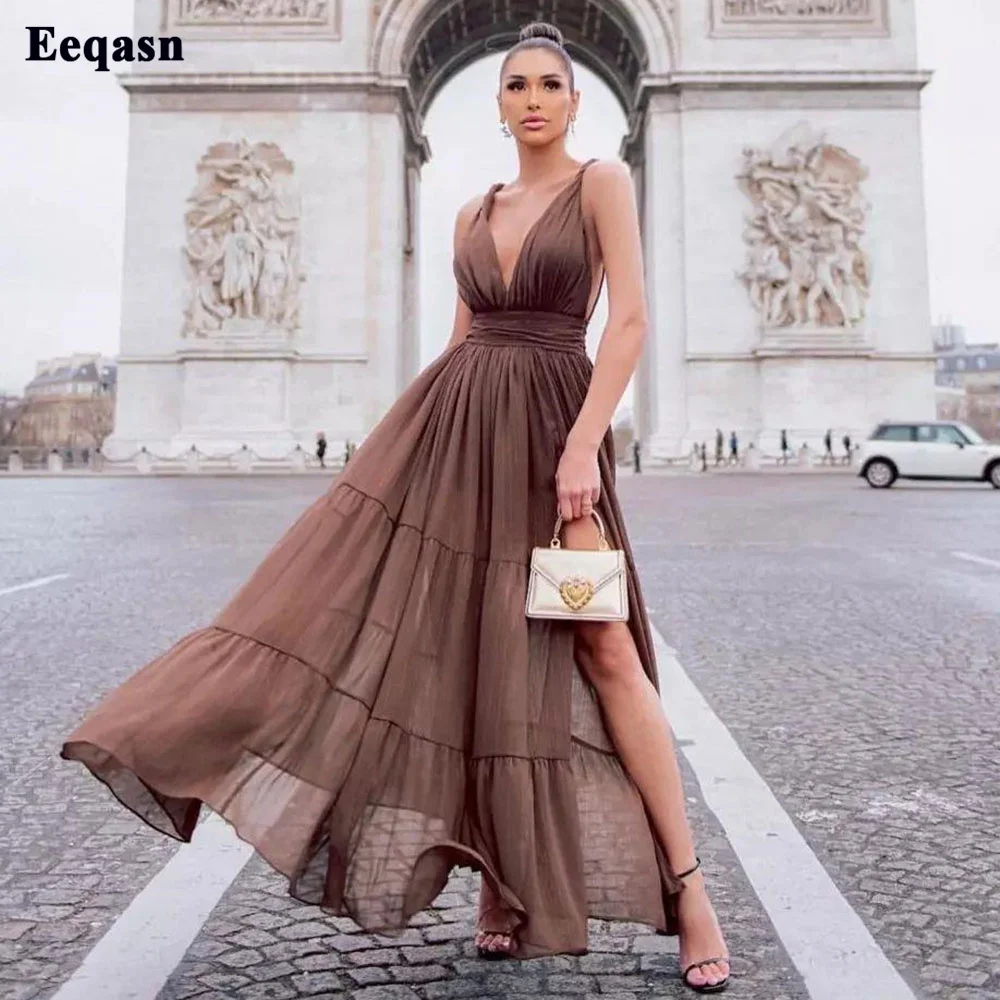 

Eeqasn Brown Chiffon Prom Dresses Sexy Deep V-neck Formal Gowns Women Tiered Skirt Evening Party Dresses for Special Event 2022