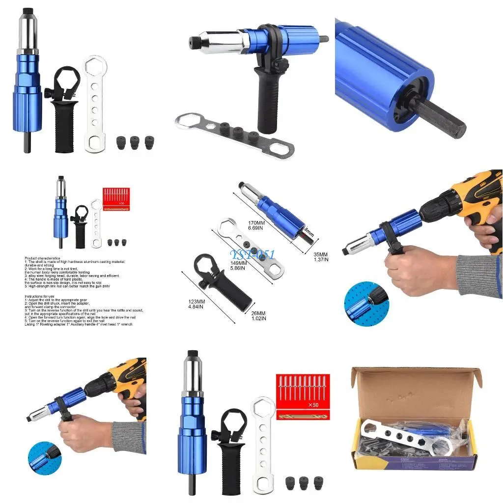 

E15A Electric Rivet Adapter Aluminum Casting Housing Non-slip Handle for Cordless Drill Electric Riveting Riveter Insert