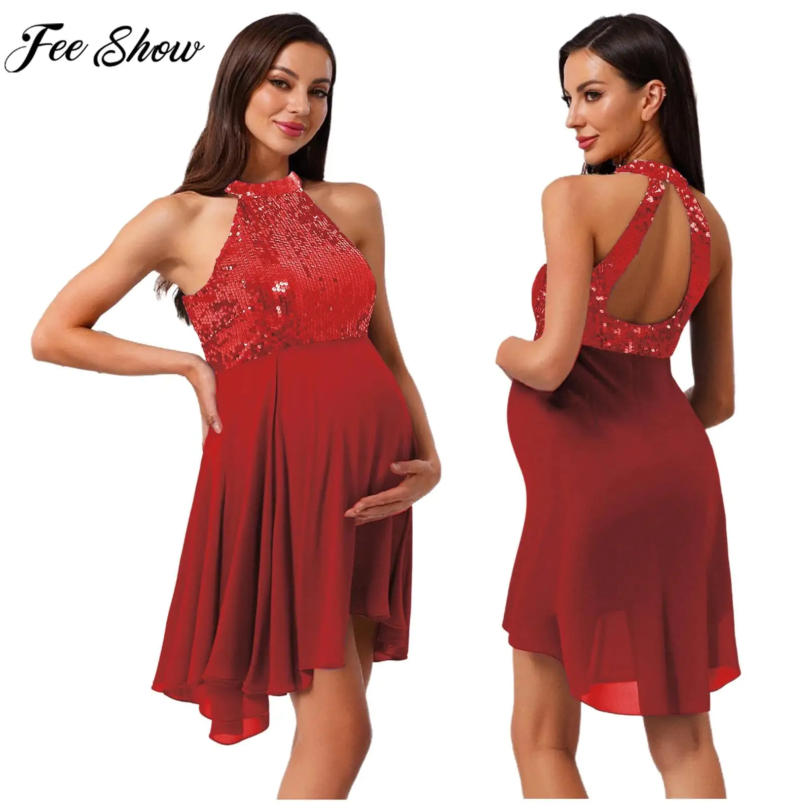 

Беременные женщины Холтер без рукавов с открытой спиной блестящие блестки шифоновое вечернее платье день рождения свадьба выпускной банкет платье для фотографии