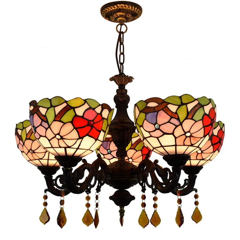 

Retro Creative Red Garden Crystal Pendent Lamp Tiffany Stained Glass Restaurant Bedroom Bar Foyer Corridor Five Heads Chandelier