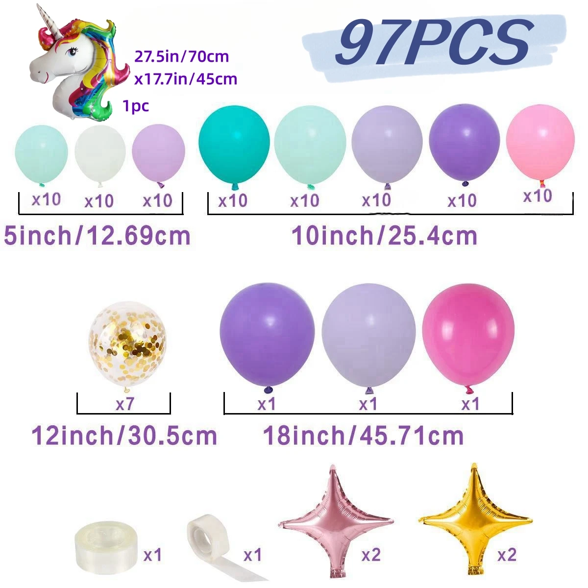 97Pcs A set of unicorn themed balloon wreath and arch set, wedding, birthday party decoration, single party decoration