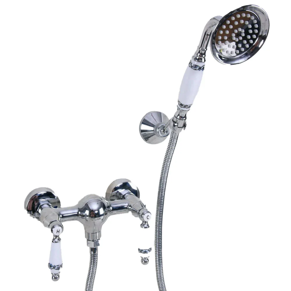 

Contemporary Chrome Brass Wall Mounted Bathroom Shower Faucet Set with 150CM Hose Handheld Spray Head Mixer Tap Dna285