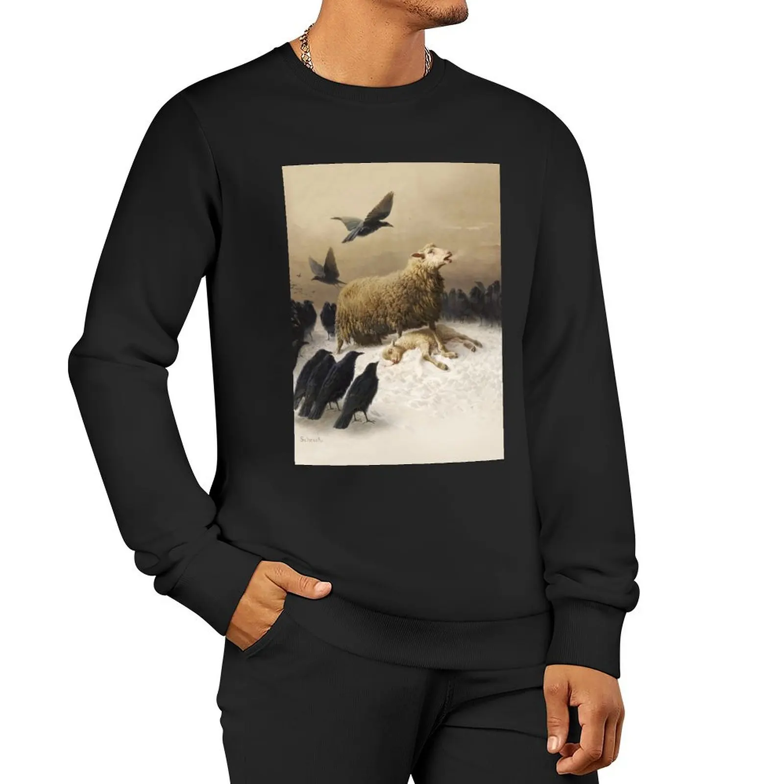 

Anguish Angoisses fine art oil painting by August Friedrich Schenck 1878 Mother sheep ewe with lamb and black cr Pullover Hoodie