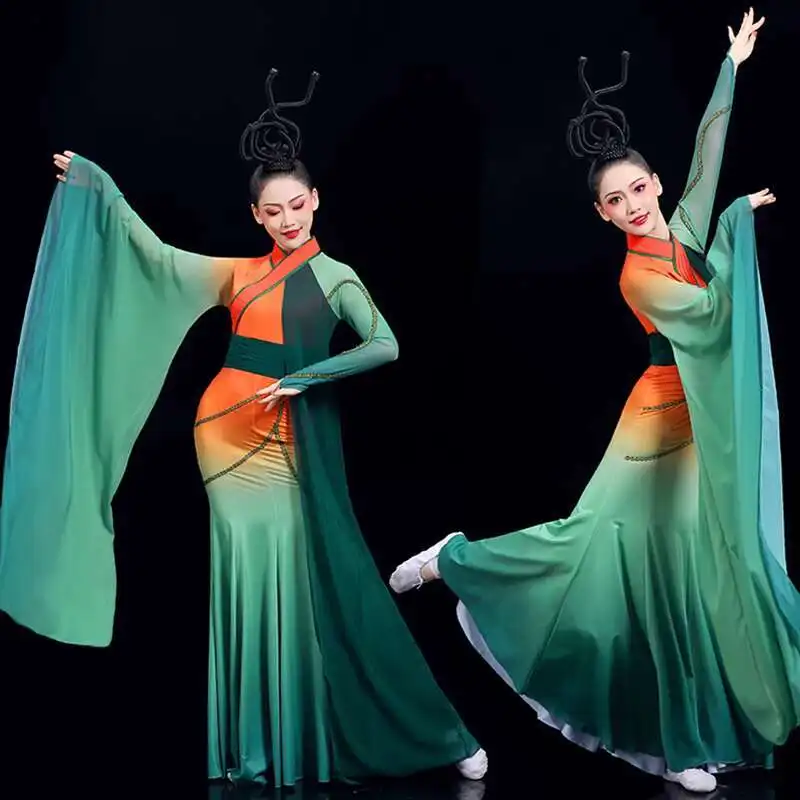زي رقص الأغنية البرتقالية من Qu Yuan بأكمام واسعة، تنورة خالدة متدفقة، هانفو القديمة، دراما الرقص الكلاسيكي هان تانغ