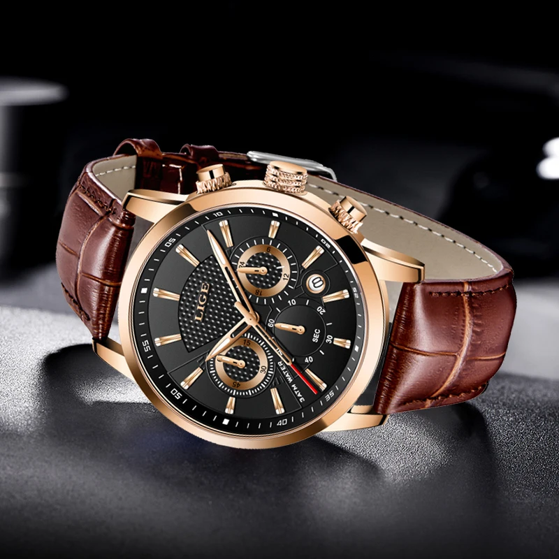 LIGE Waterproof Watches For Men Fashion Sport Quartz Chronograph Men Watch Top Brand Luxury Brown Leather Military Watch Men