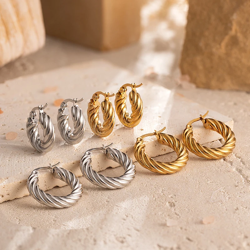 Classic Fashion Round Stainless Steel Twist Hoop Earrings For Women 4.5mm Thick Ear Buckle Gold Silver Color Earrings Jewelry - Image 2