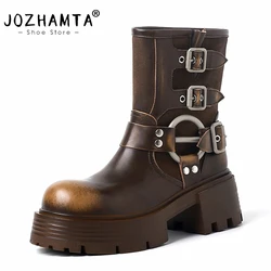 JOZHAMTA Size 34-40 Ankle Boots For Women Genuine Leather Punk Buckle Strap Thick High Heels Shoes Fall Winter Short Booties