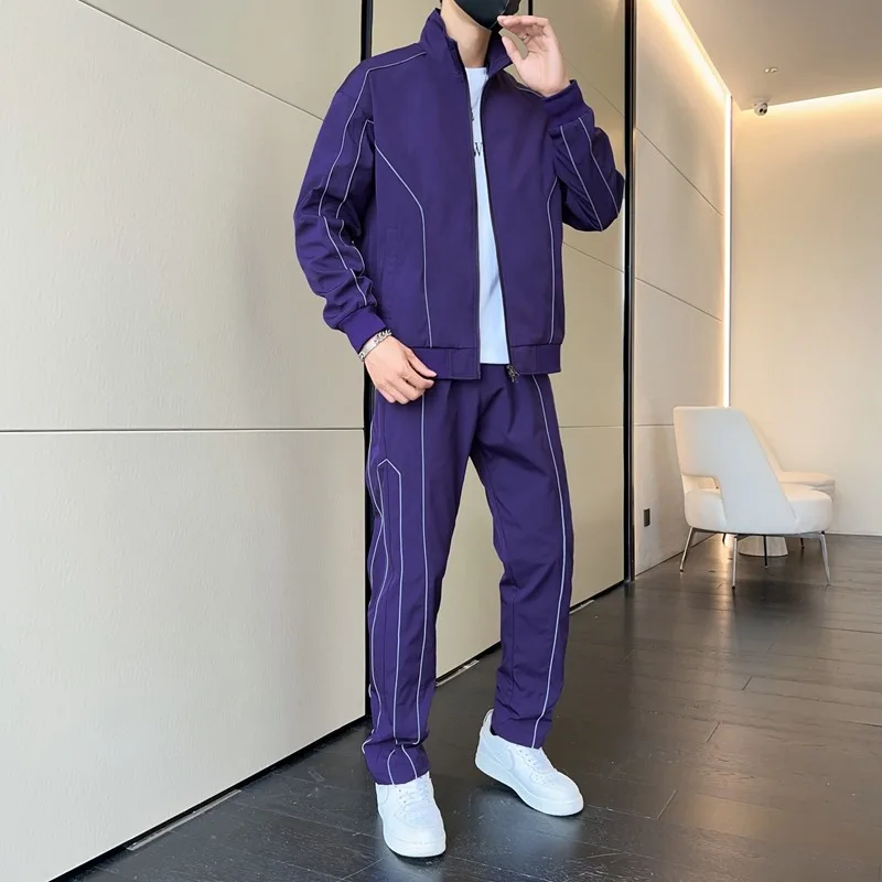 Men's Stand Collar Long Sleeve Zipper Cardigan Jacket Top Elastic High Waist Trousers Casual Sports Fashion Suit