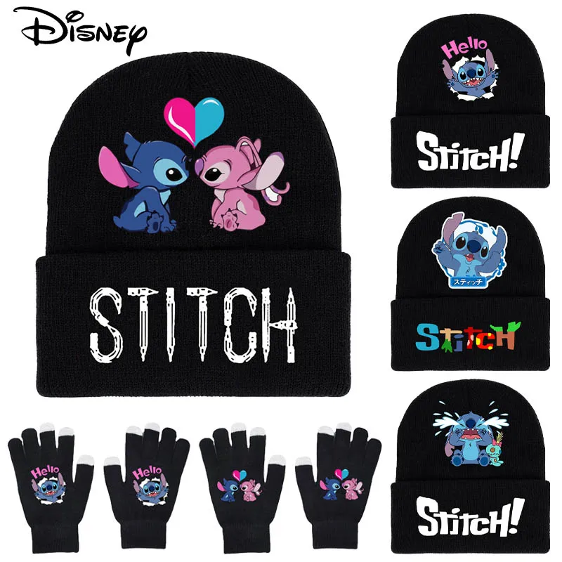 Disney Stitch Plush Knitted Hat Kids Autumn Winter Windproof Warm Gloves Caps Cartoon Casual Beanie Cap Children's Birthday Gift