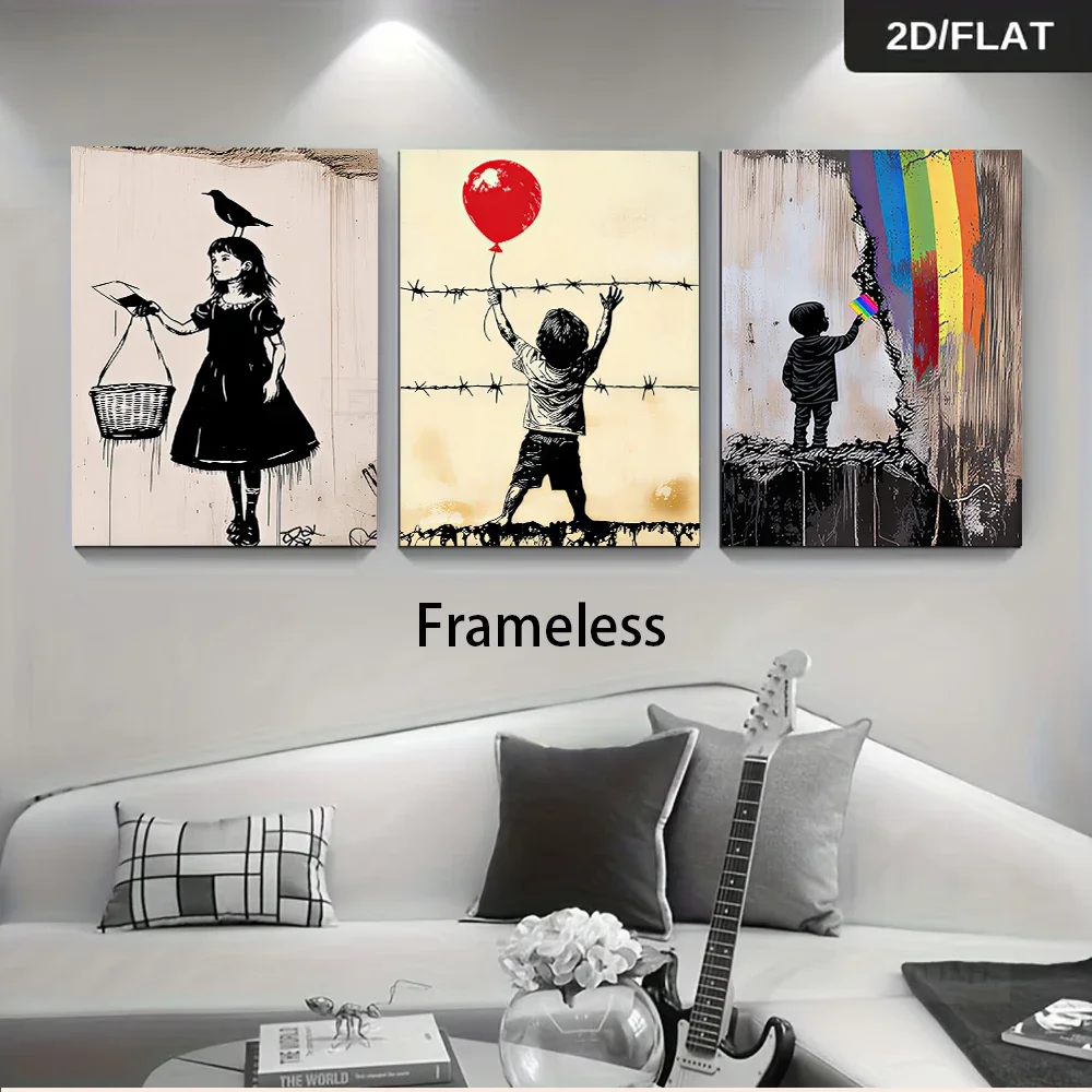 Multiple sizes 3pc frameless Canvas Painting 1 Set Banksy Style triptych frameless Wall Art, Street Graffiti Girl with Balloon R