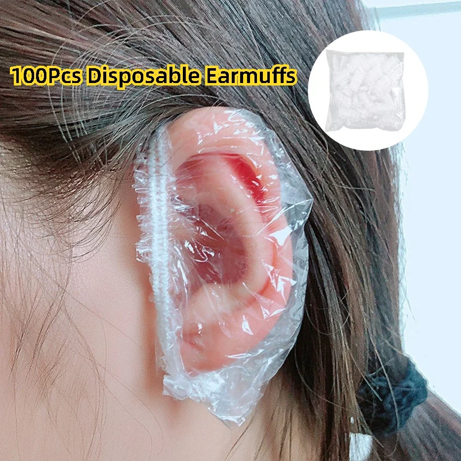 100PCS Disposable Hair Earmuff Dye Transparent Elastic Shower Hair Dye Protection Tool Shield Waterproof Earpack Plastic Wrap